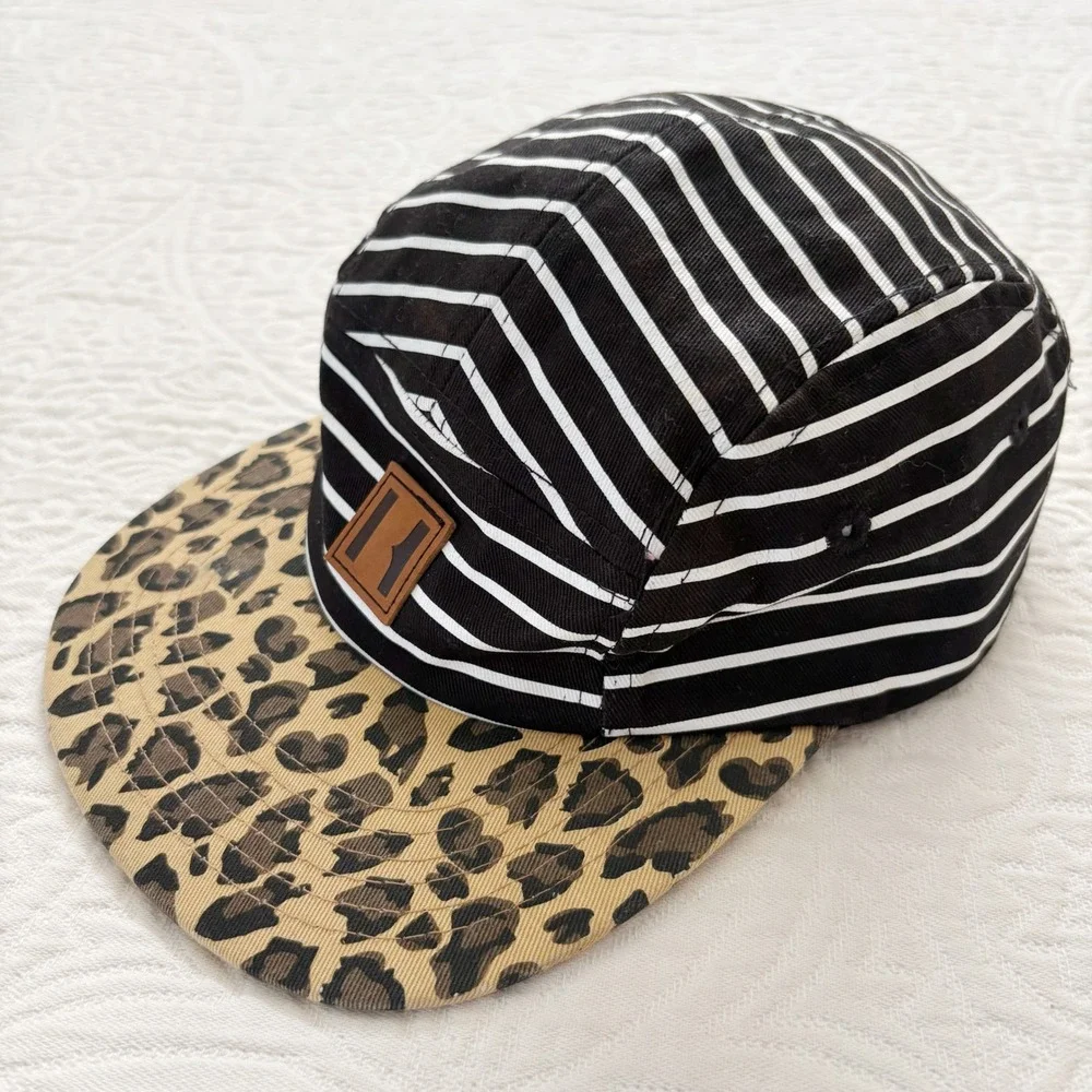 Beau Hudson Kids' 5 Panel Cap, BW Stripes on Leopard Bill